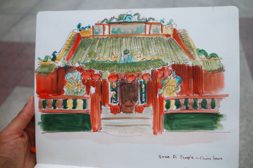 Sketchbook painting of a temple in Singapore by Baljinder Kaur
